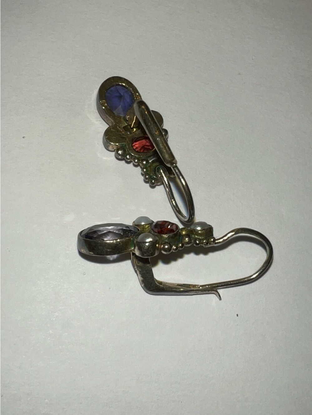 Sterling Silver Drop Earrings with Lavender and Garnet Stones and Pearls - Picture 7 of 8